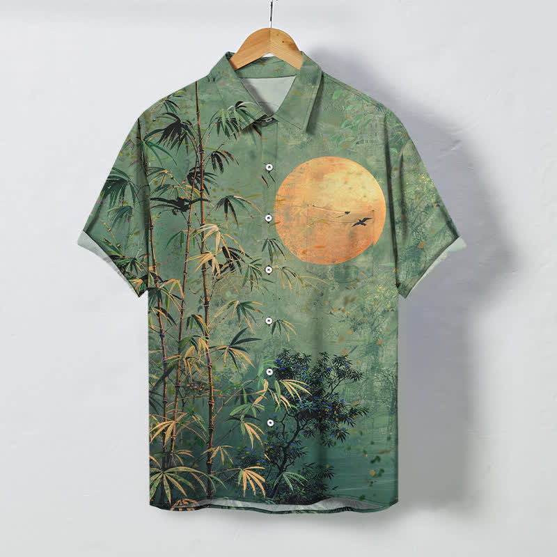 Buddha Stones Chemise à manches courtes respirante pour homme, motif oiseaux de lune en bambou - Vert d'eau - US/UK/AU48，EU58 (4XL) - image 0