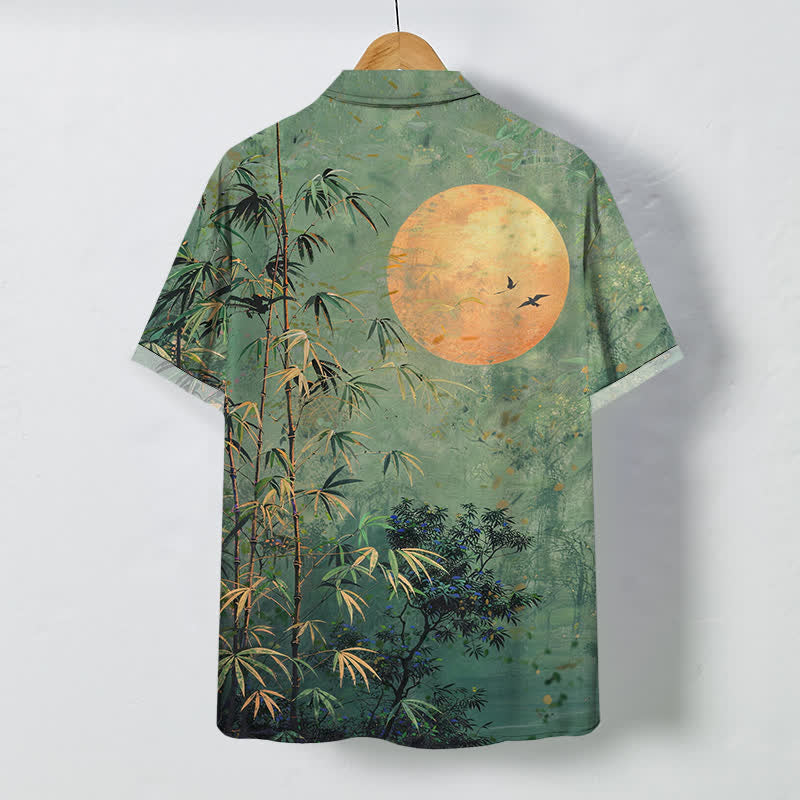 Buddha Stones Chemise à manches courtes respirante pour homme, motif oiseaux de lune en bambou - image 1