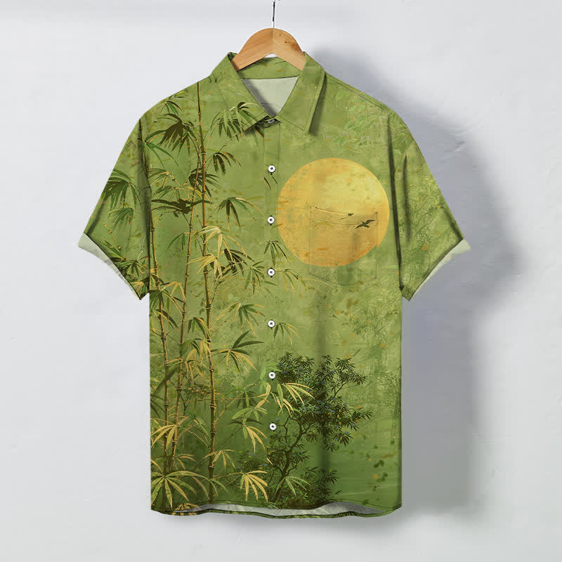 Buddha Stones Chemise à manches courtes respirante pour homme, motif oiseaux de lune en bambou - Vert olive - US/UK/AU48，EU58 (4XL) - image 7