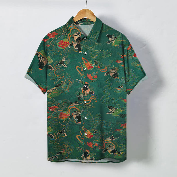 Buddha Stones Chemise à manches courtes respirante pour homme avec boutons et motif de vagues et de poissons koi - Vert d'eau - US/UK/AU48，EU58 (4XL) - image 0