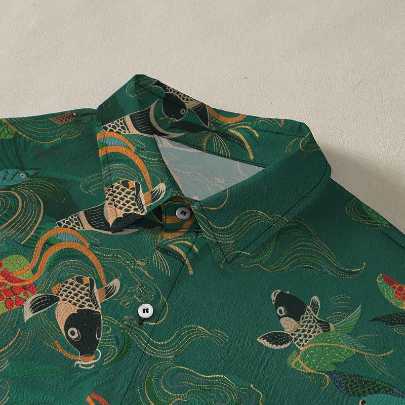 Buddha Stones Chemise à manches courtes respirante pour homme avec boutons et motif de vagues et de poissons koi - image 2