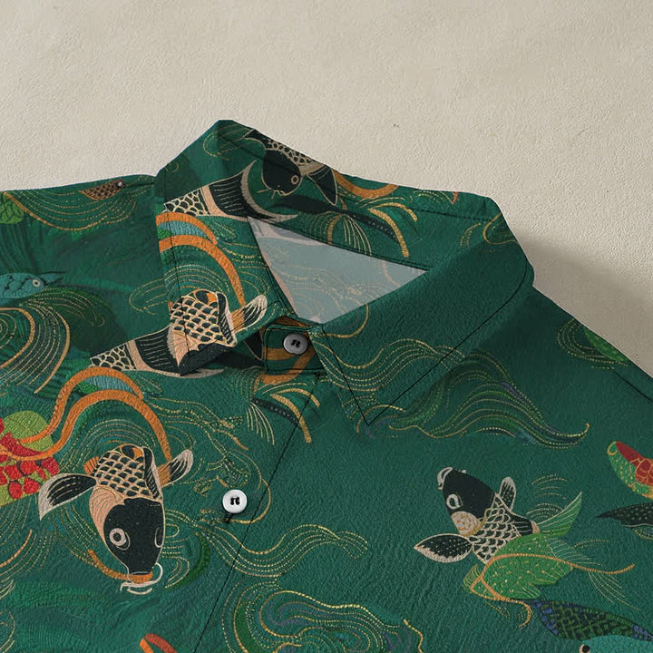 Buddha Stones Chemise à manches courtes respirante pour homme avec boutons et motif de vagues et de poissons koi - image 2