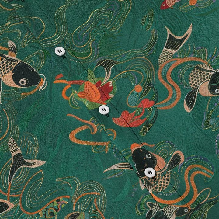 Buddha Stones Chemise à manches courtes respirante pour homme avec boutons et motif de vagues et de poissons koi - image 3