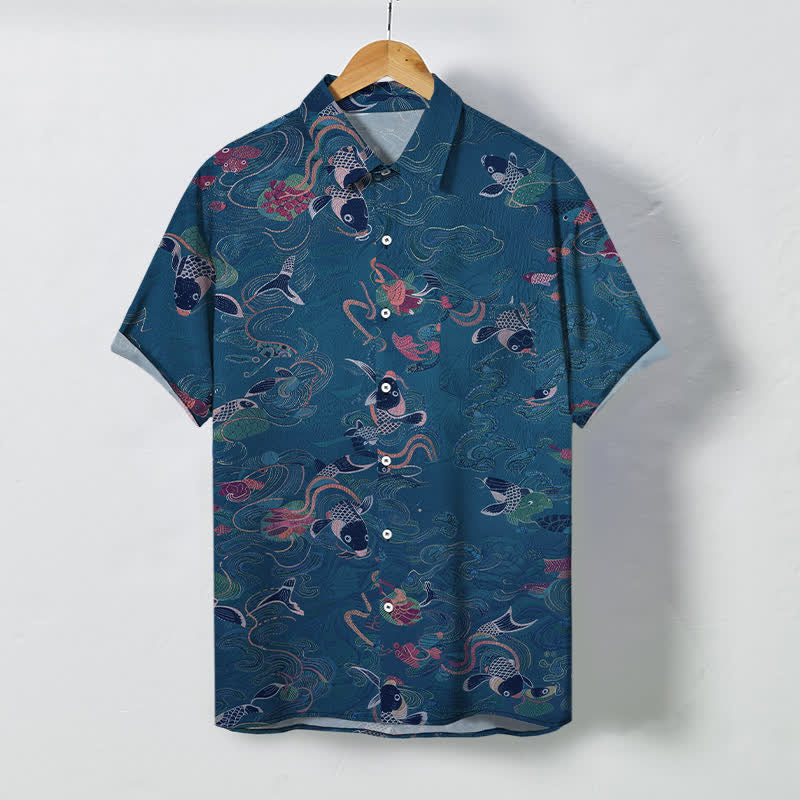 Buddha Stones Chemise à manches courtes respirante pour homme avec boutons et motif de vagues et de poissons koi - SteelBlue - US/UK/AU48，EU58 (4XL) - image 5