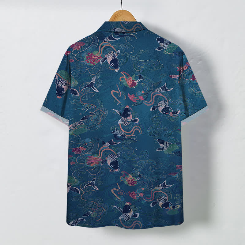 Buddha Stones Chemise à manches courtes respirante pour homme avec boutons et motif de vagues et de poissons koi - image 6