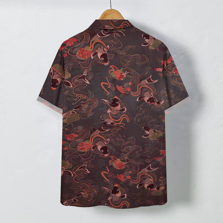 Buddha Stones Chemise à manches courtes respirante pour homme avec boutons et motif de vagues et de poissons koi - image 8