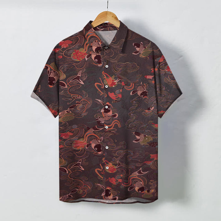 Buddha Stones Chemise à manches courtes respirante pour homme avec boutons et motif de vagues et de poissons koi - Bordeaux - US/UK/AU48，EU58 (4XL) - image 7