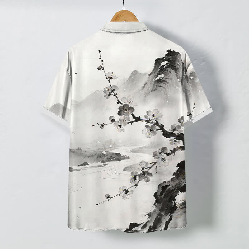 Buddha Stones Chemise à manches courtes pour homme, infroissable, à boutons et motif de fleurs de prunier, inspirée des paysages à l'encre. - image 1