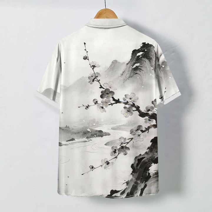 Buddha Stones Chemise à manches courtes pour homme, infroissable, à boutons et motif de fleurs de prunier, inspirée des paysages à l'encre. - image 1