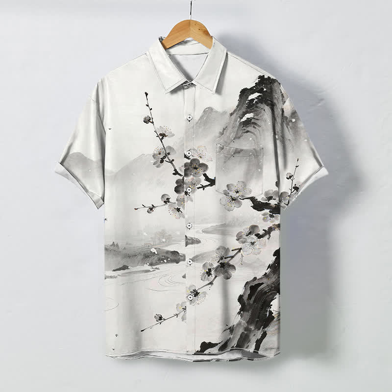 Buddha Stones Chemise à manches courtes pour homme, infroissable, à boutons et motif de fleurs de prunier, inspirée des paysages à l'encre. - WhiteSmoke - US/UK/AU48，EU58 (4XL) - image 0