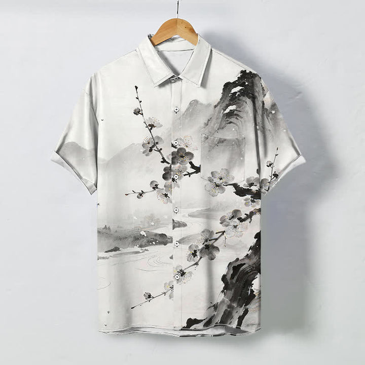 Buddha Stones Chemise à manches courtes pour homme, infroissable, à boutons et motif de fleurs de prunier, inspirée des paysages à l'encre. - WhiteSmoke - US/UK/AU48，EU58 (4XL) - image 0