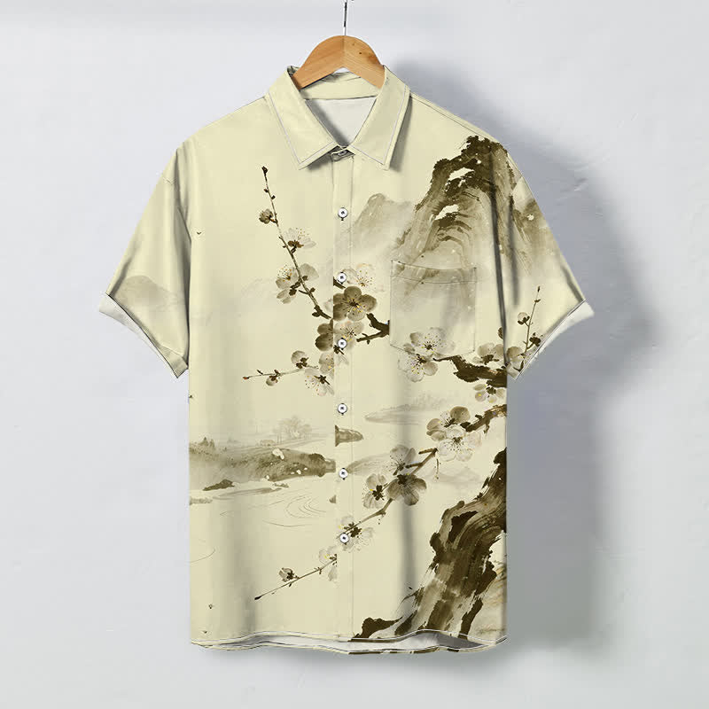 Buddha Stones Chemise à manches courtes pour homme, infroissable, à boutons et motif de fleurs de prunier, inspirée des paysages à l'encre. - soie de maïs - US/UK/AU48，EU58 (4XL) - image 3