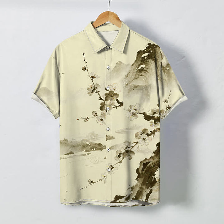 Buddha Stones Chemise à manches courtes pour homme, infroissable, à boutons et motif de fleurs de prunier, inspirée des paysages à l'encre. - soie de maïs - US/UK/AU48，EU58 (4XL) - image 3