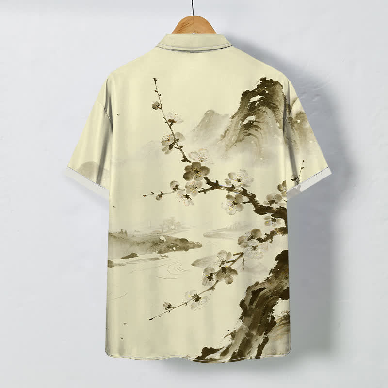 Buddha Stones Chemise à manches courtes pour homme, infroissable, à boutons et motif de fleurs de prunier, inspirée des paysages à l'encre. - image 4