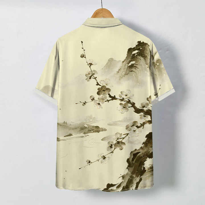 Buddha Stones Chemise à manches courtes pour homme, infroissable, à boutons et motif de fleurs de prunier, inspirée des paysages à l'encre. - image 4