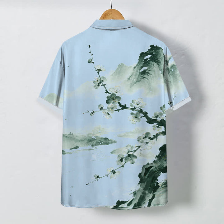 Buddha Stones Chemise à manches courtes pour homme, infroissable, à boutons et motif de fleurs de prunier, inspirée des paysages à l'encre. - image 6