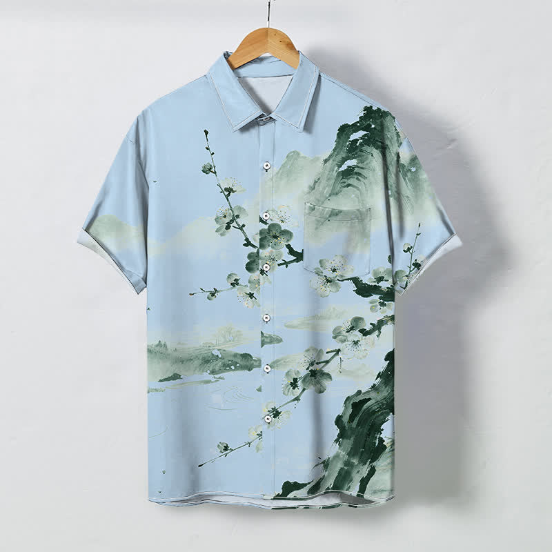 Buddha Stones Chemise à manches courtes pour homme, infroissable, à boutons et motif de fleurs de prunier, inspirée des paysages à l'encre. - Bleu clair - US/UK/AU48，EU58 (4XL) - image 5