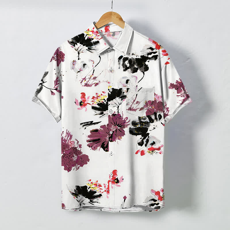 Buddha Stones Chemise à manches courtes respirante pour homme, à boutons et à motif floral aquarelle - Blanc - US/UK/AU48，EU58 (4XL) - image 0