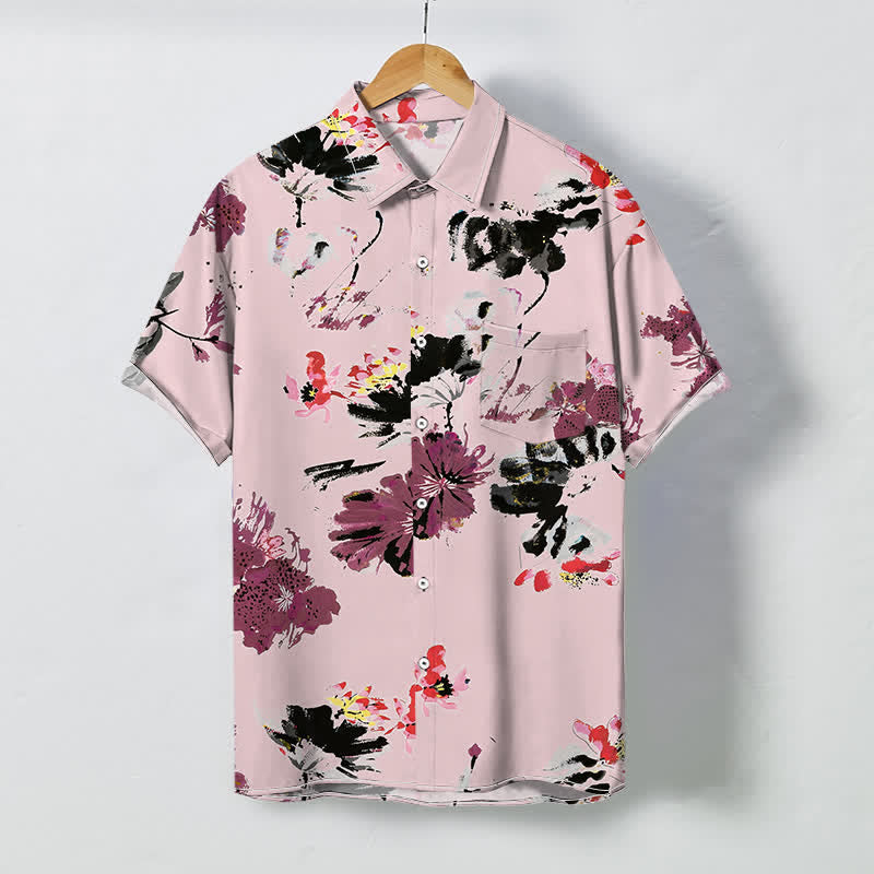 Buddha Stones Chemise à manches courtes respirante pour homme, à boutons et à motif floral aquarelle - Rose clair - US/UK/AU48，EU58 (4XL) - image 5