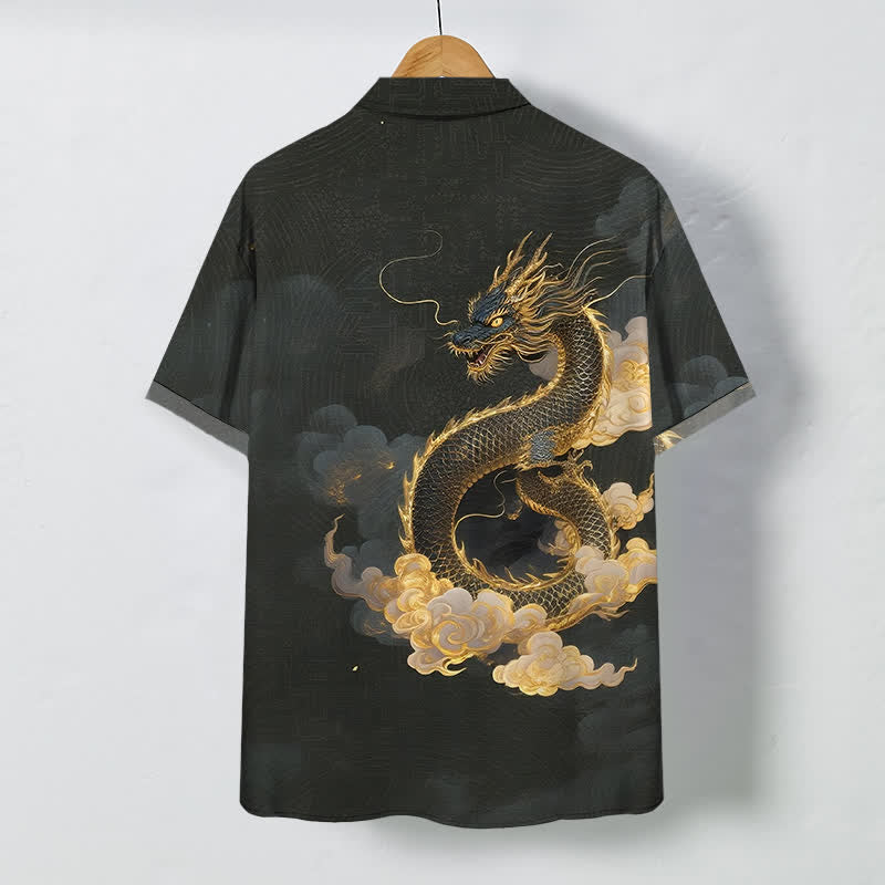 Buddha Stones Chemise à manches courtes pour homme, infroissable, avec boutons à motif de nuage de dragon doré - image 1