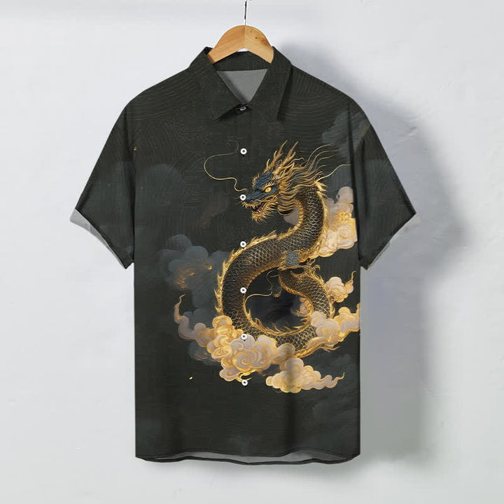 Buddha Stones Chemise à manches courtes pour homme, infroissable, avec boutons à motif de nuage de dragon doré - Noir - US/UK/AU48，EU58 (4XL) - image 0