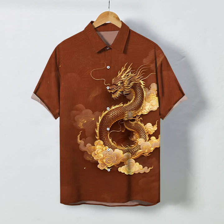 Buddha Stones Chemise à manches courtes pour homme, infroissable, avec boutons à motif de nuage de dragon doré - SaddleBrown - US/UK/AU48，EU58 (4XL) - image 5
