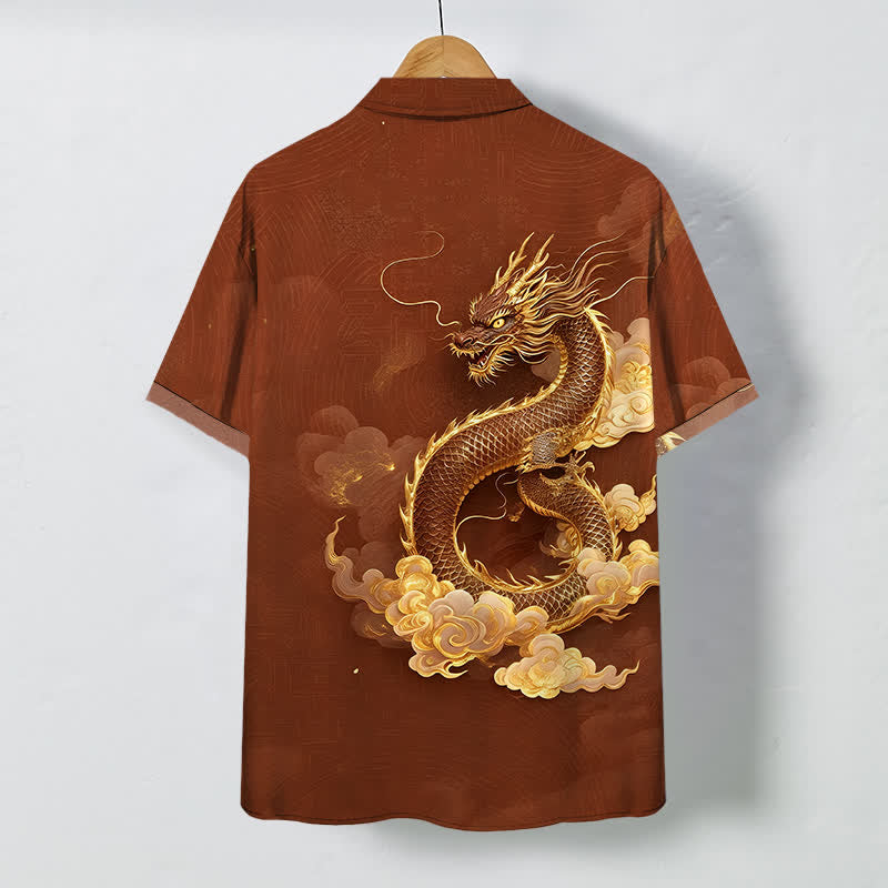 Buddha Stones Chemise à manches courtes pour homme, infroissable, avec boutons à motif de nuage de dragon doré - image 6