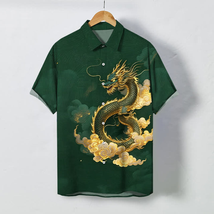 Buddha Stones Chemise à manches courtes pour homme, infroissable, avec boutons à motif de nuage de dragon doré - Vert foncé - US/UK/AU48，EU58 (4XL) - image 7
