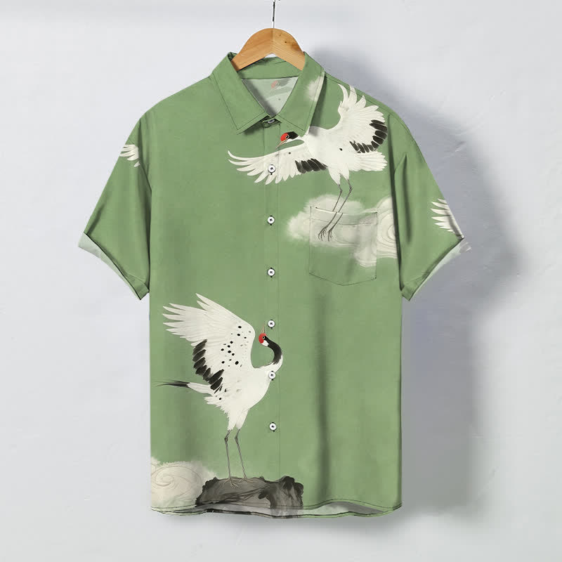 Buddha Stones Chemise à manches courtes pour homme, infroissable, avec boutons à motif de grues blanches volantes et de nuages. - Vert clair - US/UK/AU48，EU58 (4XL) - image 5