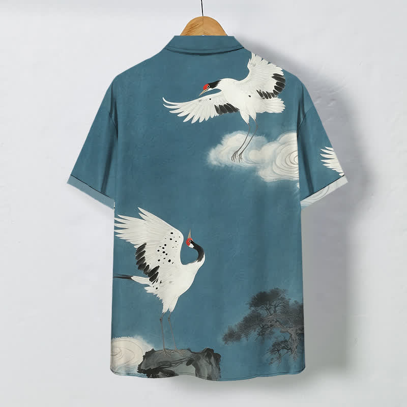 Buddha Stones Chemise à manches courtes pour homme, infroissable, avec boutons à motif de grues blanches volantes et de nuages. - image 8