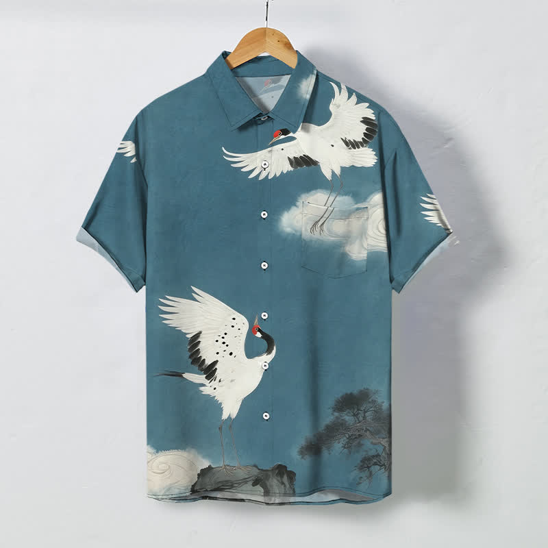 Buddha Stones Chemise à manches courtes pour homme, infroissable, avec boutons à motif de grues blanches volantes et de nuages. - CadetBlue - US/UK/AU48，EU58 (4XL) - image 7