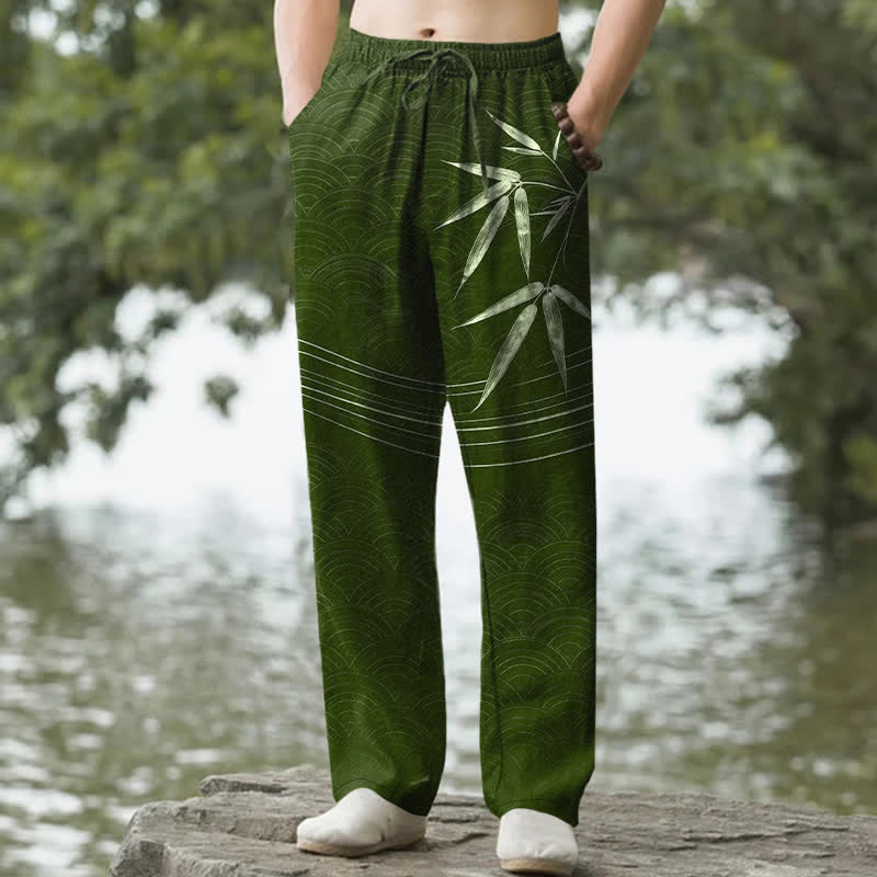 Buddha Stones Pantalon fuselé pour homme en coton à motif de feuilles de bambou, avec poches - Vert forêt - US/UK/AU50，EU60 (5XL) - image 0