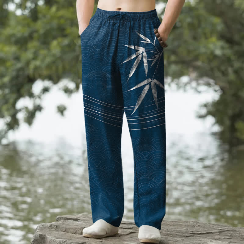 Buddha Stones Pantalon fuselé pour homme en coton à motif de feuilles de bambou, avec poches - image 4