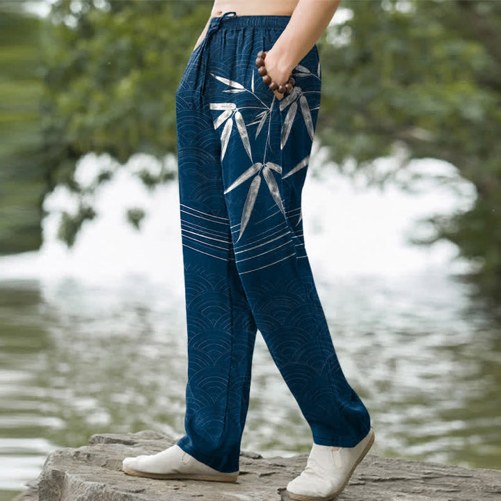 Buddha Stones Pantalon fuselé pour homme en coton à motif de feuilles de bambou, avec poches - image 5