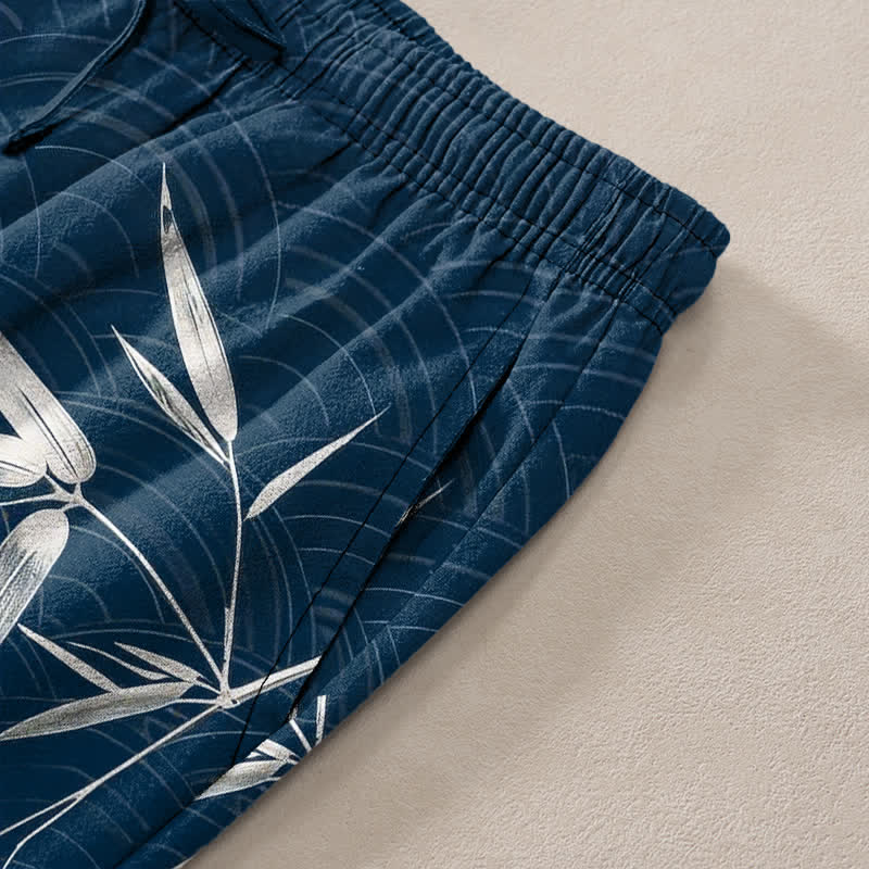 Buddha Stones Pantalon fuselé pour homme en coton à motif de feuilles de bambou, avec poches - image 6