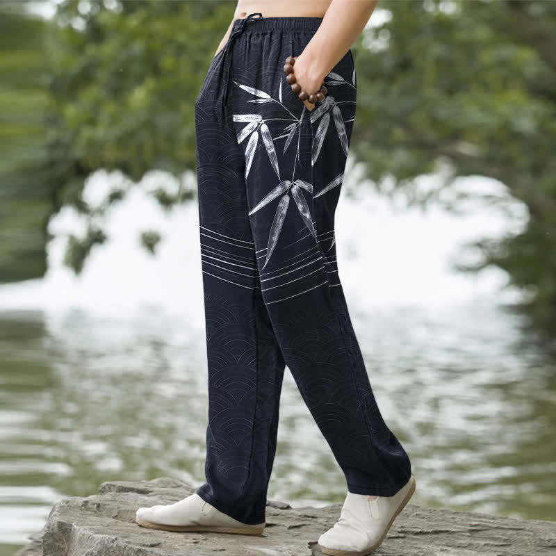 Buddha Stones Pantalon fuselé pour homme en coton à motif de feuilles de bambou, avec poches - image 9