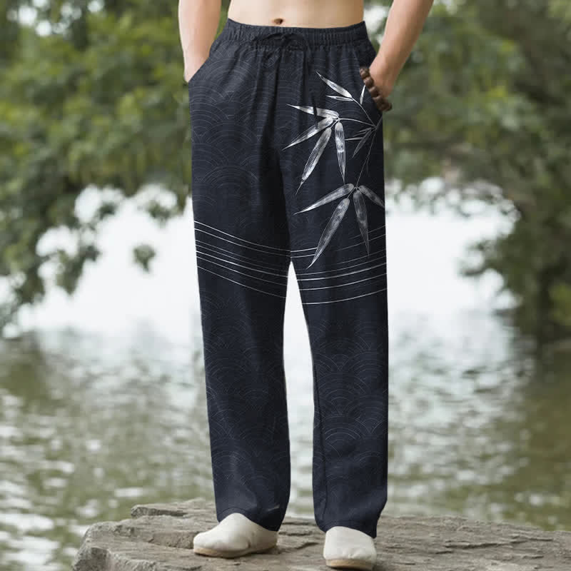 Buddha Stones Pantalon fuselé pour homme en coton à motif de feuilles de bambou, avec poches - Noir - US/UK/AU50，EU60 (5XL) - image 8
