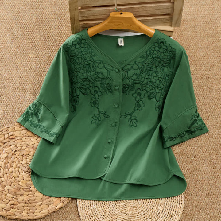 Buddha Stones Chemises d'été vintage brodées à col en V et manches 3/4 pour femmes - Vert forêt - US8-10，UK/AU12-14，EU40-42 (2XL) - image 0