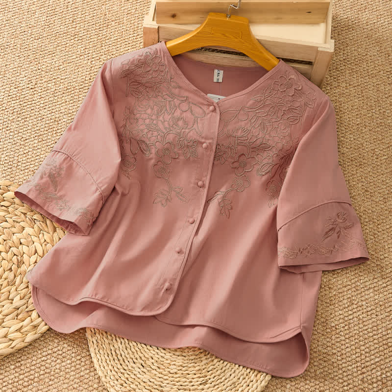 Buddha Stones Chemises d'été vintage brodées à col en V et manches 3/4 pour femmes - Saumon foncé - US8-10，UK/AU12-14，EU40-42 (2XL) - image 7