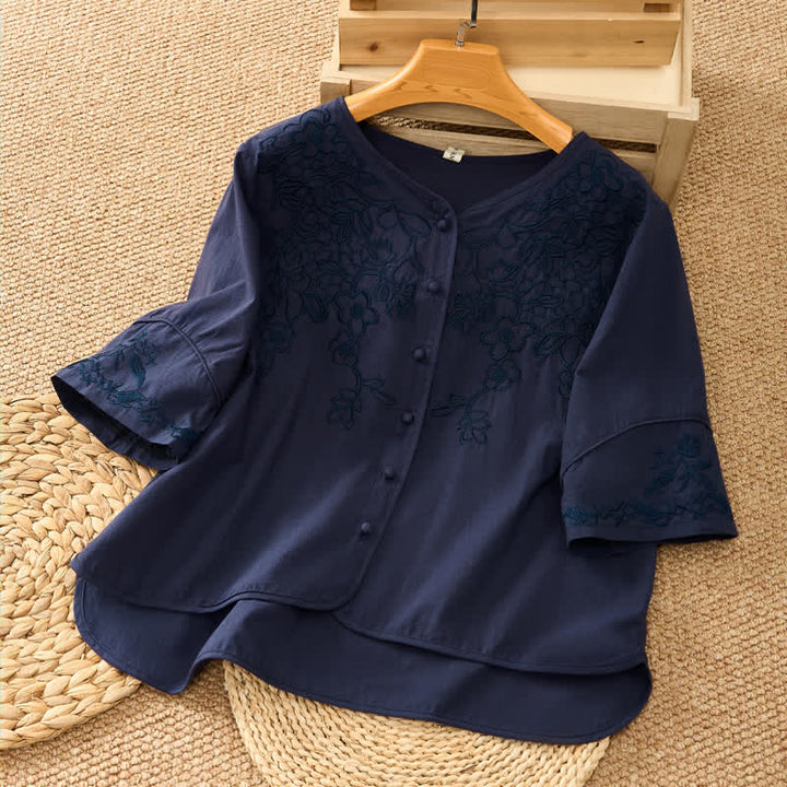 Buddha Stones Chemises d'été vintage brodées à col en V et manches 3/4 pour femmes - Bleu nuit - US8-10，UK/AU12-14，EU40-42 (2XL) - image 14