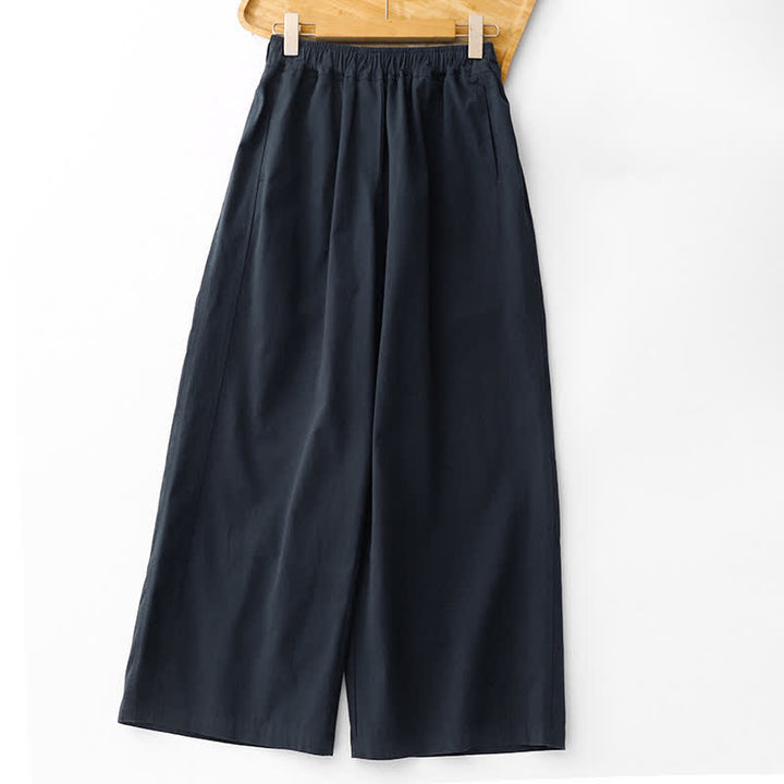 Buddha Stones Pantalon court uni décontracté et minimaliste pour femme, style printemps-été, jambes larges et poches - Bleu nuit - US12, UK/AU16, EU44 (2XL) - image 9