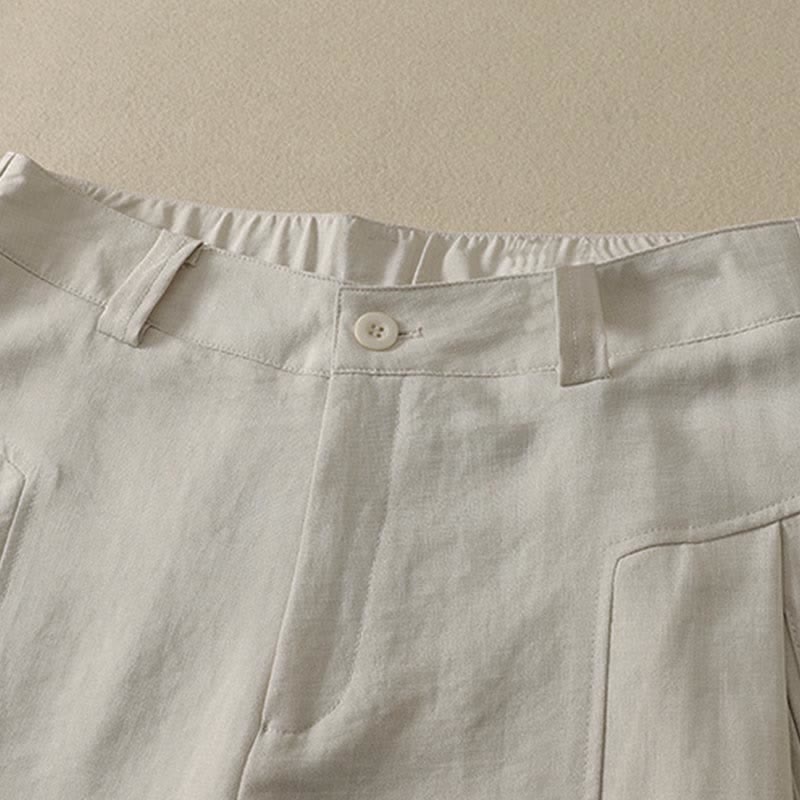 Buddha Stones Pantalon long en coton uni, coupe droite, style minimaliste et élégant, idéal pour le printemps et l'été. Poches. Fermeture à boutons et zip. - image 9