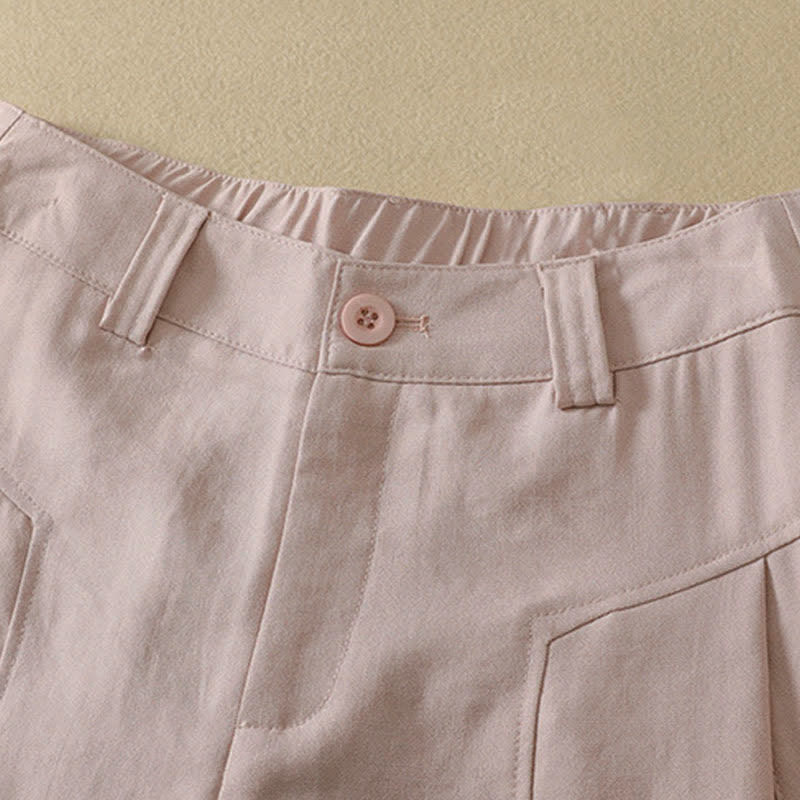Buddha Stones Pantalon long en coton uni, coupe droite, style minimaliste et élégant, idéal pour le printemps et l'été. Poches. Fermeture à boutons et zip. - image 5
