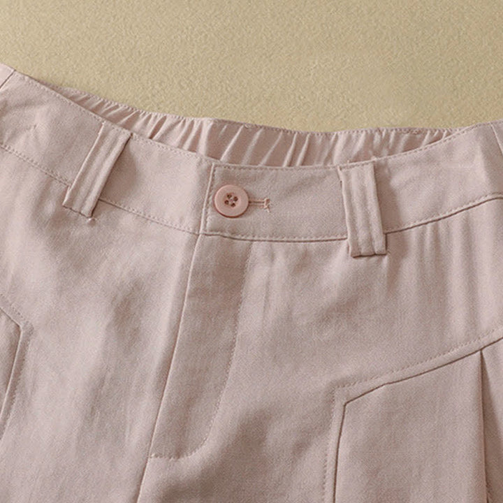Buddha Stones Pantalon long en coton uni, coupe droite, style minimaliste et élégant, idéal pour le printemps et l'été. Poches. Fermeture à boutons et zip. - image 5