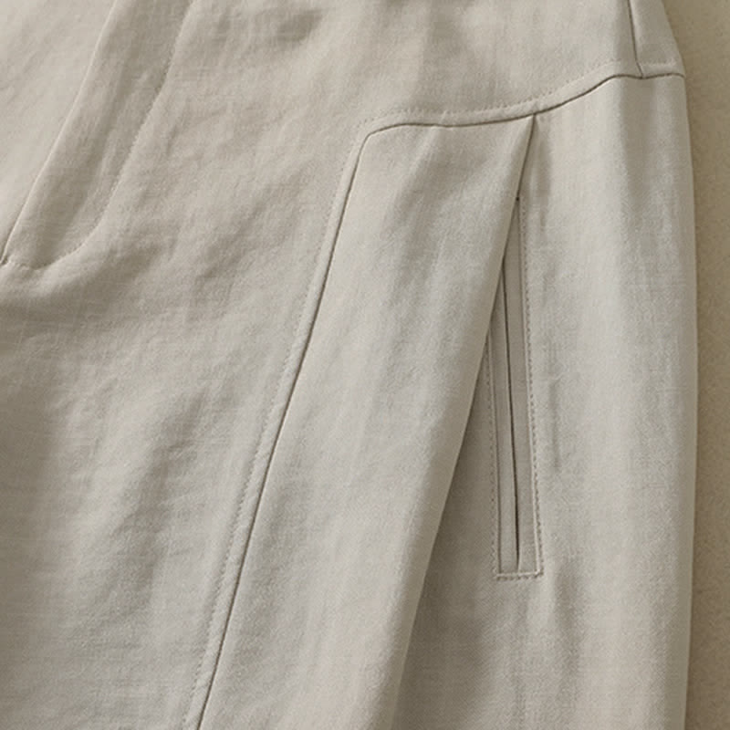 Buddha Stones Pantalon long en coton uni, coupe droite, style minimaliste et élégant, idéal pour le printemps et l'été. Poches. Fermeture à boutons et zip. - image 10