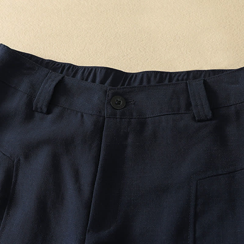 Buddha Stones Pantalon long en coton uni, coupe droite, style minimaliste et élégant, idéal pour le printemps et l'été. Poches. Fermeture à boutons et zip. - image 1