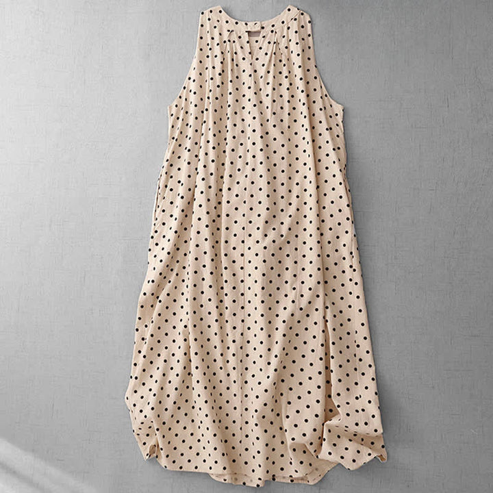 Buddha Stones Robe d'été vintage à pois pour femme, sans manches - image 1