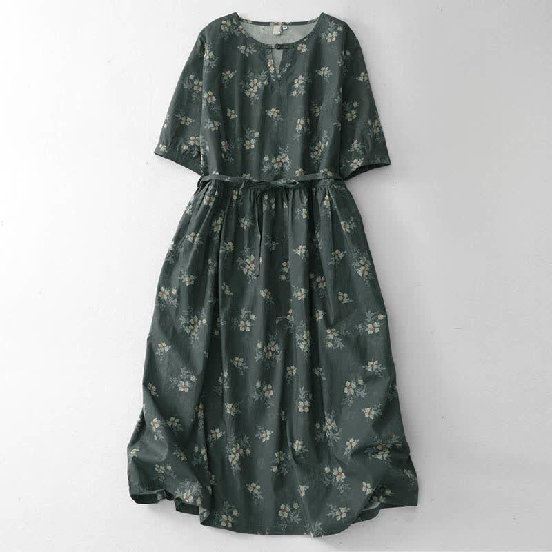 Buddha Stones Robe d'été vintage grise à fleurs, manches courtes et poches, avec cordon de serrage et poche - Gris ardoise foncé - US12，UK/AU16，EU44 (2XL) - image 0