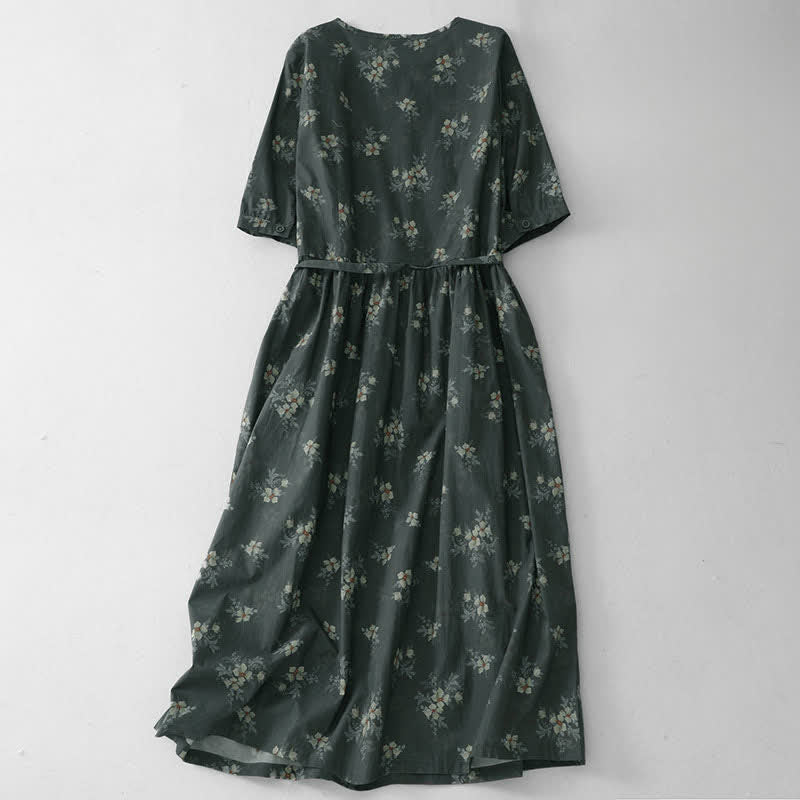 Buddha Stones Robe d'été vintage grise à fleurs, manches courtes et poches, avec cordon de serrage et poche - image 1