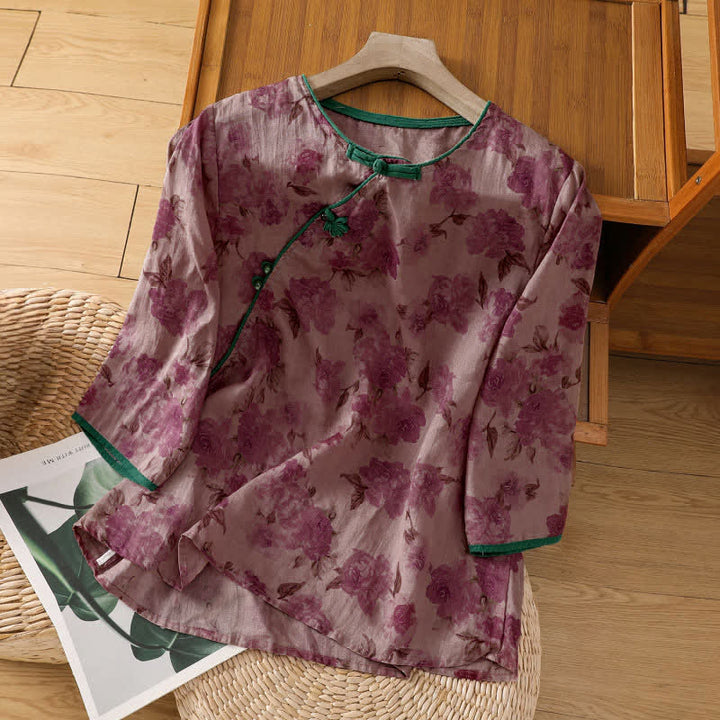 Buddha Stones Chemises d'été pour femmes à manches trois-quarts, col mandarin, boutons brandebourg et imprimé floral, style Tang - Rouge violet moyen - US8-10，UK/AU12-14，EU40-42 (2XL) - image 7